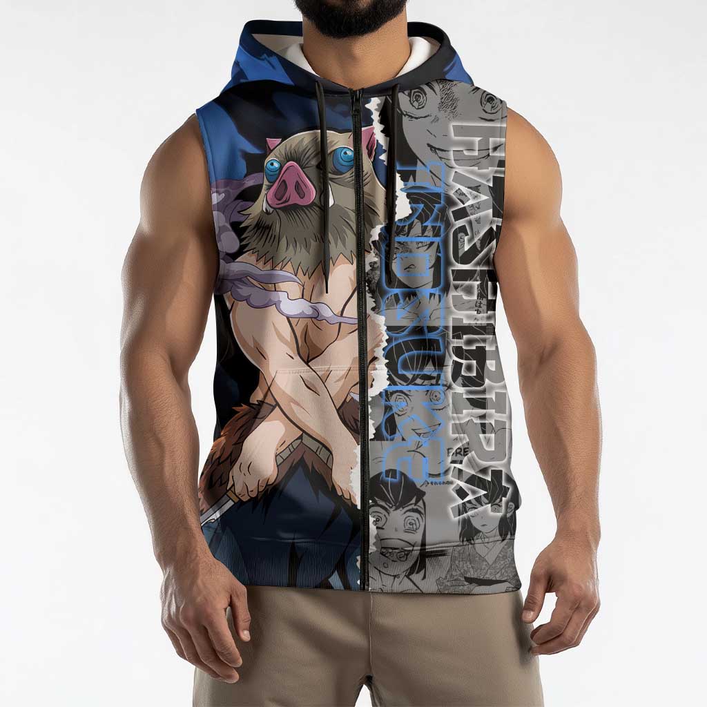 Inosuke Demon Slayer Blue and Black Theme Sleeveless Zip Hoodie with Boar Mask and Manga Collage Action Design - The Mazicc