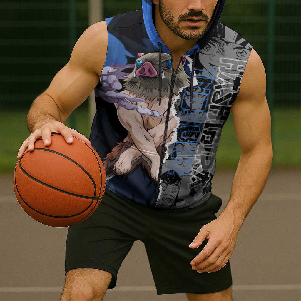 Inosuke Demon Slayer Blue and Black Theme Sleeveless Zip Hoodie with Boar Mask and Manga Collage Action Design - The Mazicc