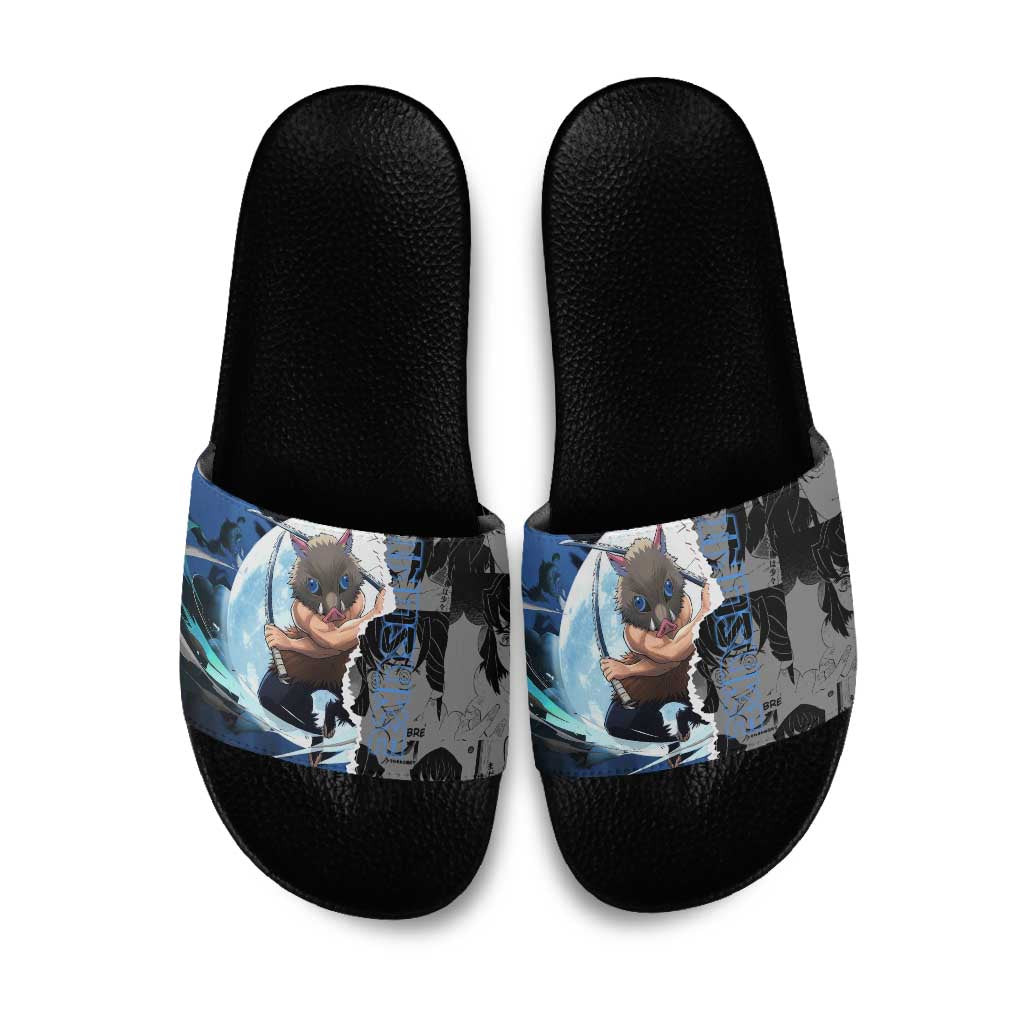 Inosuke Demon Slayer Blue and Black Theme Slide Sandals with Boar Mask and Manga Collage Action Design - The Mazicc
