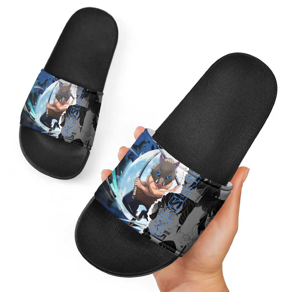 Inosuke Demon Slayer Blue and Black Theme Slide Sandals with Boar Mask and Manga Collage Action Design - The Mazicc