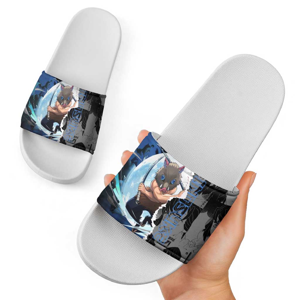 Inosuke Demon Slayer Blue and Black Theme Slide Sandals with Boar Mask and Manga Collage Action Design - The Mazicc