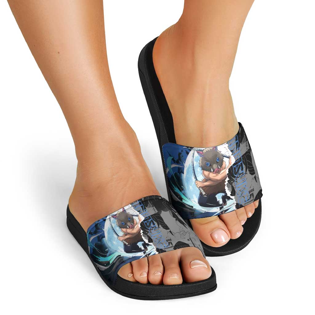 Inosuke Demon Slayer Blue and Black Theme Slide Sandals with Boar Mask and Manga Collage Action Design - The Mazicc
