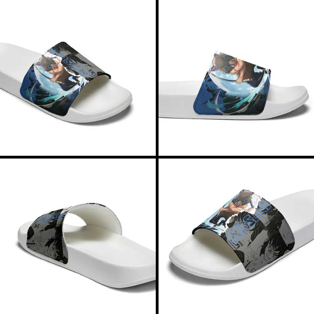 Inosuke Demon Slayer Blue and Black Theme Slide Sandals with Boar Mask and Manga Collage Action Design - The Mazicc