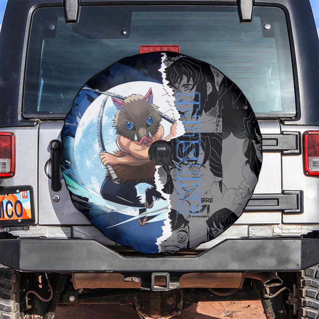 Inosuke Demon Slayer Blue and Black Theme Spare Tire Cover with Boar Mask and Manga Collage Action Design - The Mazicc