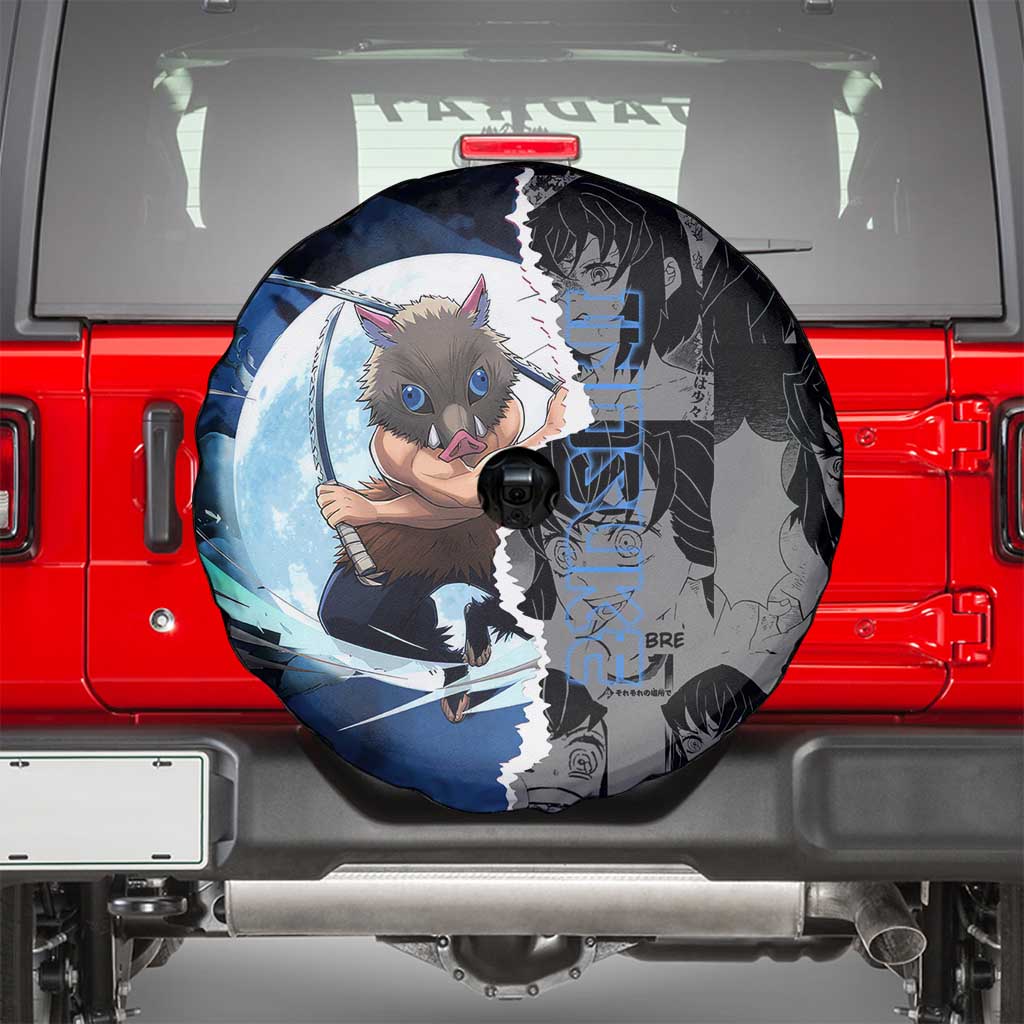 Inosuke Demon Slayer Blue and Black Theme Spare Tire Cover with Boar Mask and Manga Collage Action Design - The Mazicc