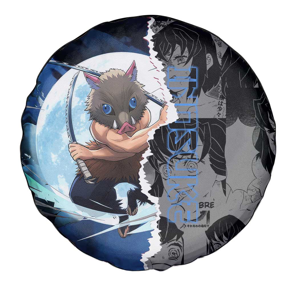 Inosuke Demon Slayer Blue and Black Theme Spare Tire Cover with Boar Mask and Manga Collage Action Design - The Mazicc