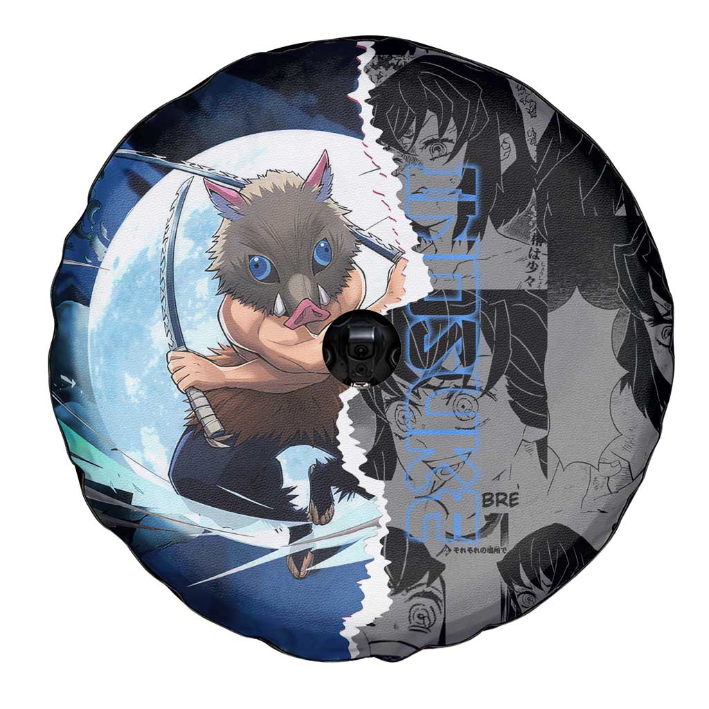 Inosuke Demon Slayer Blue and Black Theme Spare Tire Cover with Boar Mask and Manga Collage Action Design - The Mazicc