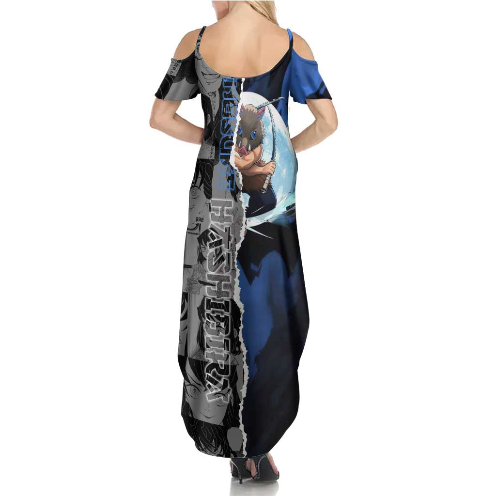 Inosuke Demon Slayer Blue and Black Theme Summer Maxi Dress with Boar Mask and Manga Collage Action Design - The Mazicc