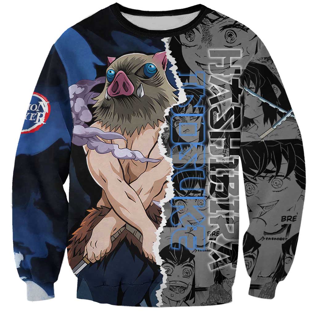 Inosuke Demon Slayer Blue and Black Theme Sweatshirt with Boar Mask and Manga Collage Action Design - The Mazicc