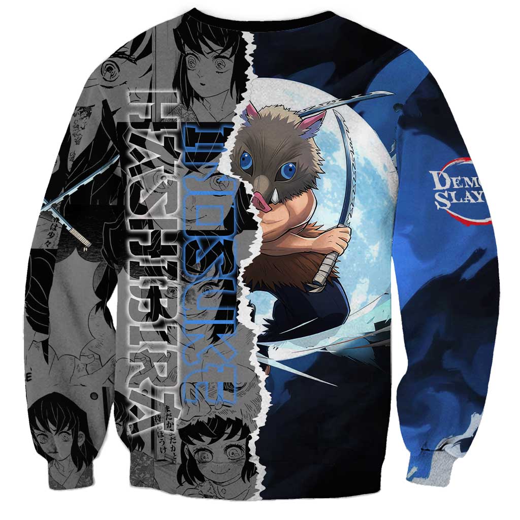 Inosuke Demon Slayer Blue and Black Theme Sweatshirt with Boar Mask and Manga Collage Action Design - The Mazicc