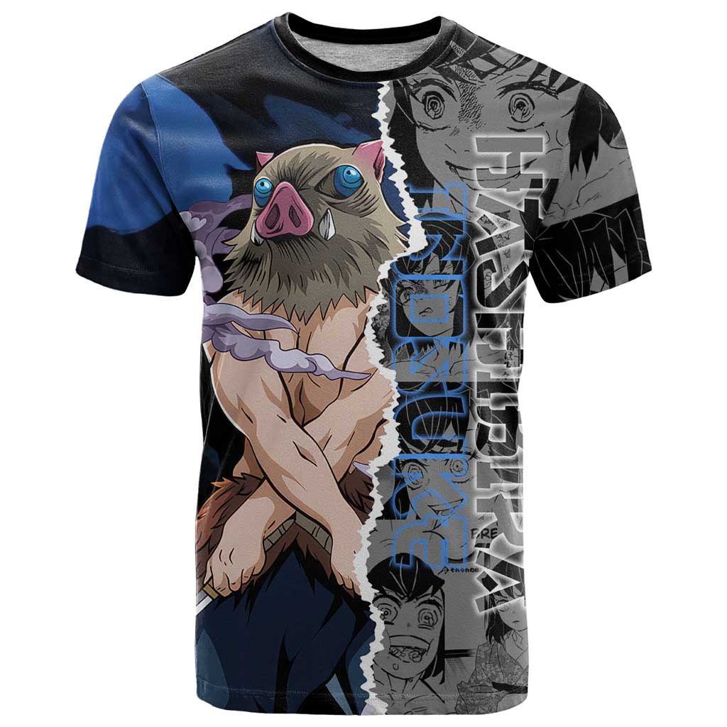 Inosuke Demon Slayer Blue and Black Theme T Shirt with Boar Mask and Manga Collage Action Design - The Mazicc