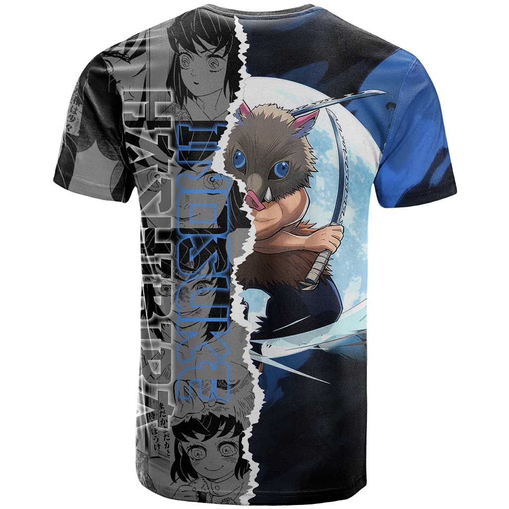 Inosuke Demon Slayer Blue and Black Theme T Shirt with Boar Mask and Manga Collage Action Design - The Mazicc