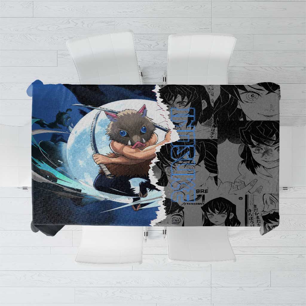 Inosuke Demon Slayer Blue and Black Theme Tablecloth with Boar Mask and Manga Collage Action Design - The Mazicc