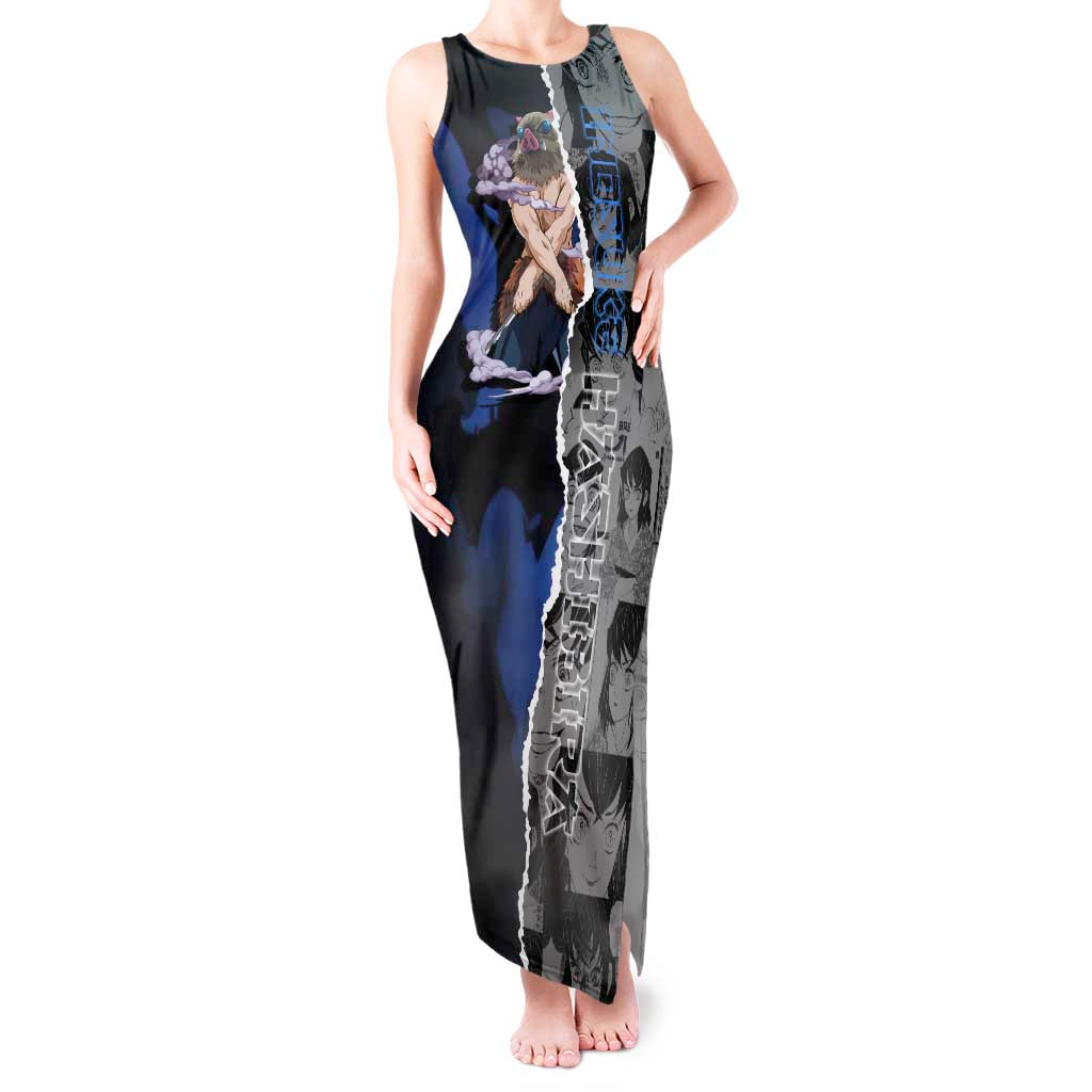 Inosuke Demon Slayer Blue and Black Theme Tank Maxi Dress with Boar Mask and Manga Collage Action Design - The Mazicc