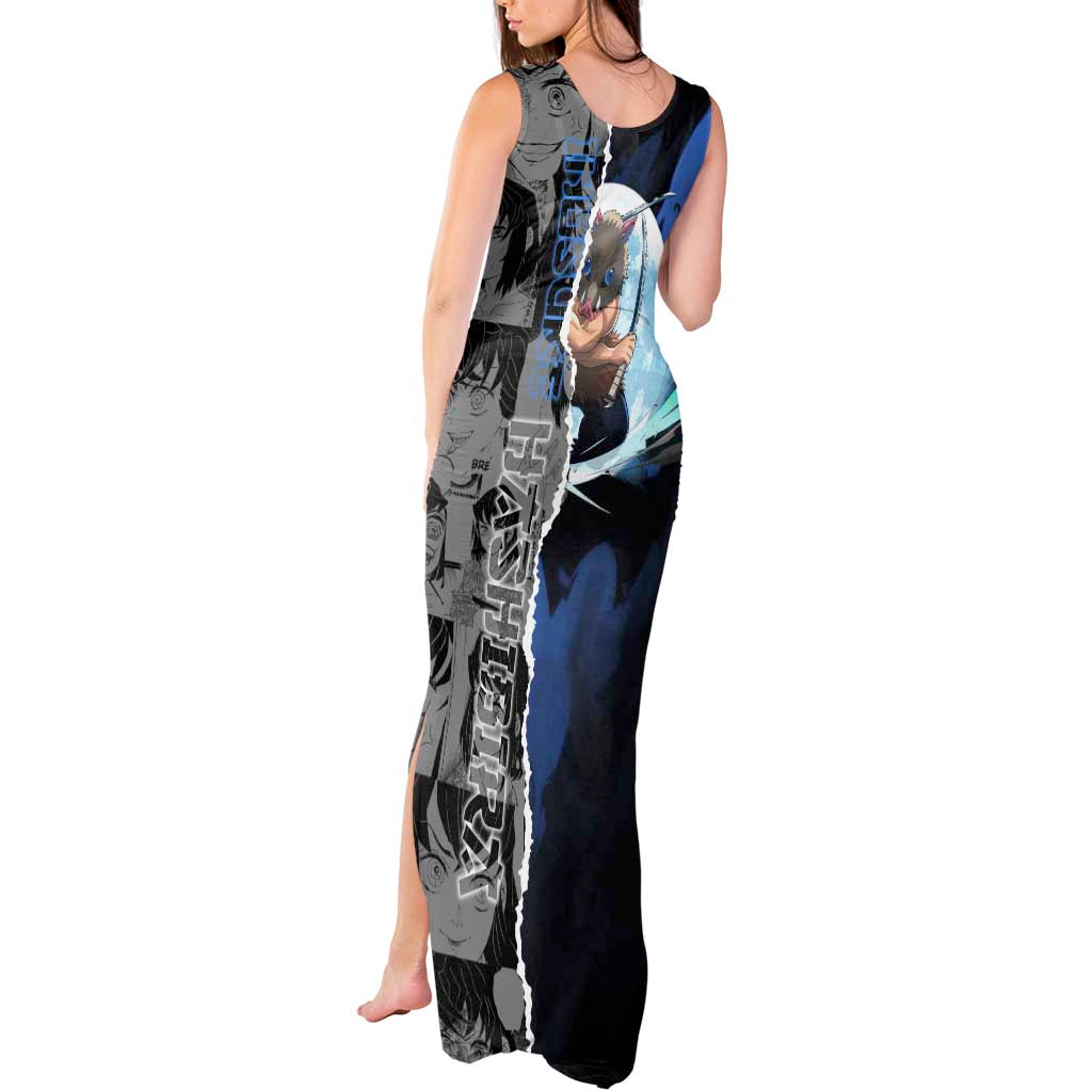 Inosuke Demon Slayer Blue and Black Theme Tank Maxi Dress with Boar Mask and Manga Collage Action Design - The Mazicc