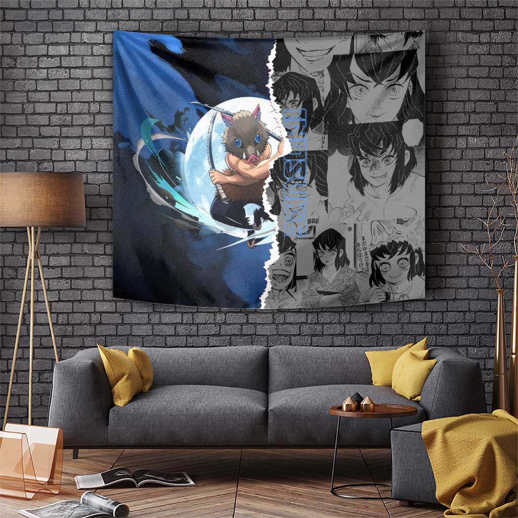 Inosuke Demon Slayer Blue and Black Theme Tapestry with Boar Mask and Manga Collage Action Design - The Mazicc