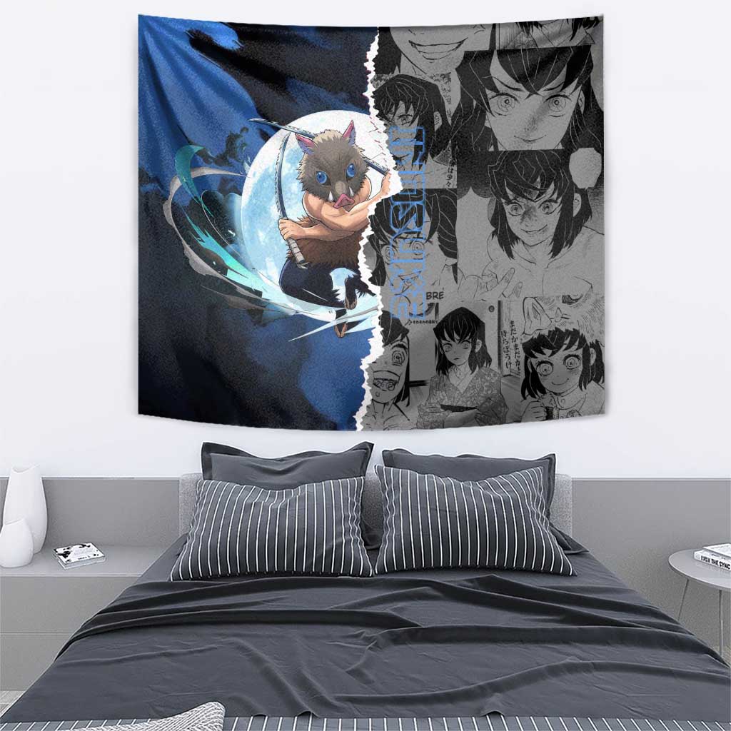 Inosuke Demon Slayer Blue and Black Theme Tapestry with Boar Mask and Manga Collage Action Design - The Mazicc