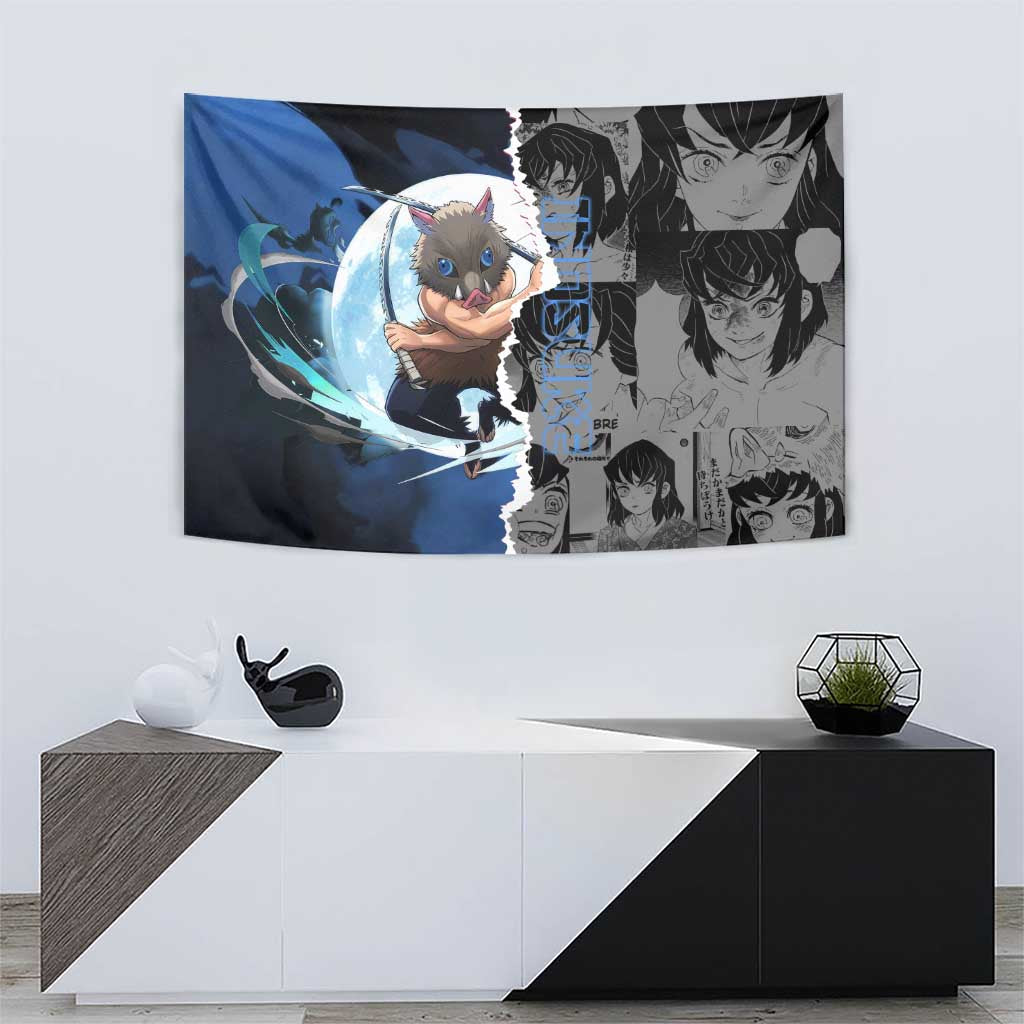 Inosuke Demon Slayer Blue and Black Theme Tapestry with Boar Mask and Manga Collage Action Design - The Mazicc