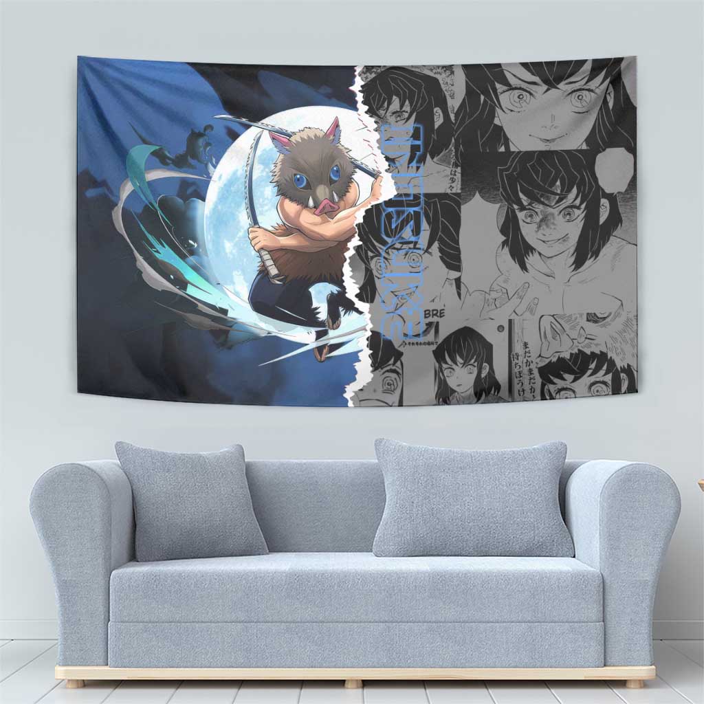 Inosuke Demon Slayer Blue and Black Theme Tapestry with Boar Mask and Manga Collage Action Design - The Mazicc
