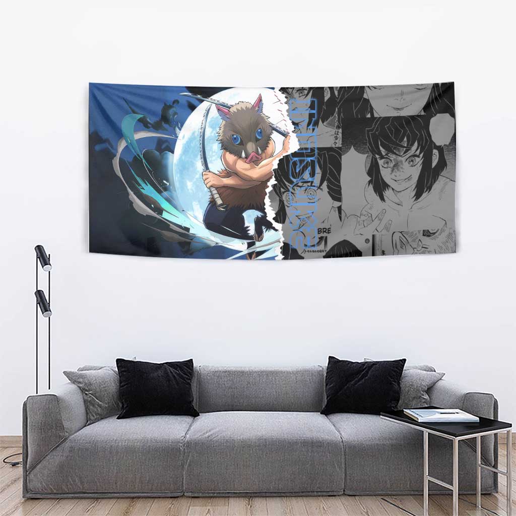 Inosuke Demon Slayer Blue and Black Theme Tapestry with Boar Mask and Manga Collage Action Design - The Mazicc