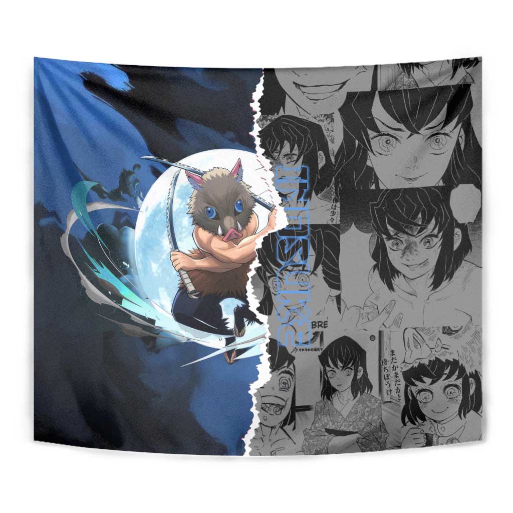 Inosuke Demon Slayer Blue and Black Theme Tapestry with Boar Mask and Manga Collage Action Design - The Mazicc