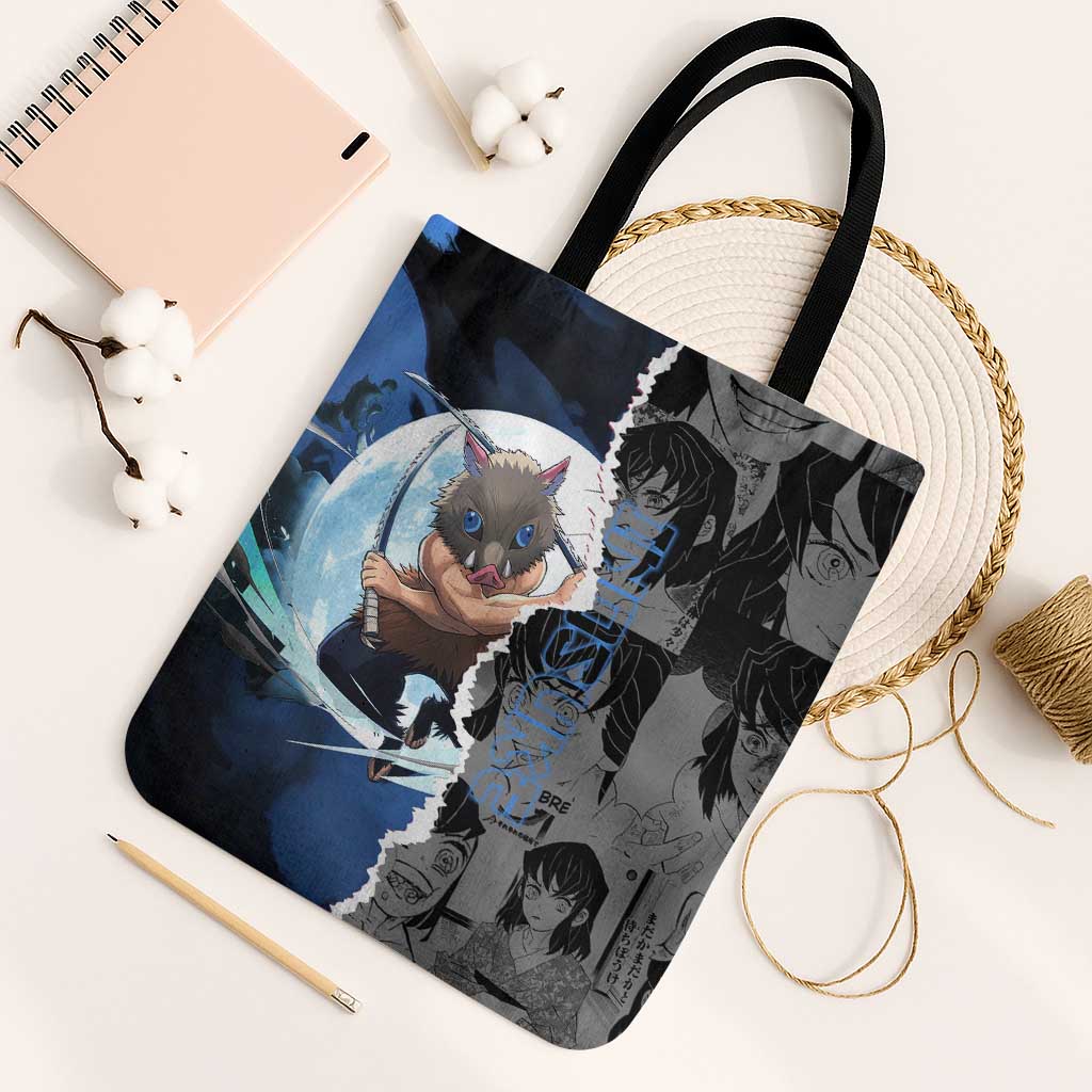 Inosuke Demon Slayer Blue and Black Theme Tote Bag with Boar Mask and Manga Collage Action Design - The Mazicc