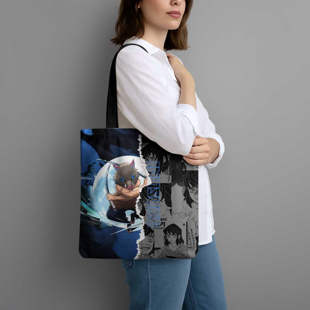 Inosuke Demon Slayer Blue and Black Theme Tote Bag with Boar Mask and Manga Collage Action Design - The Mazicc
