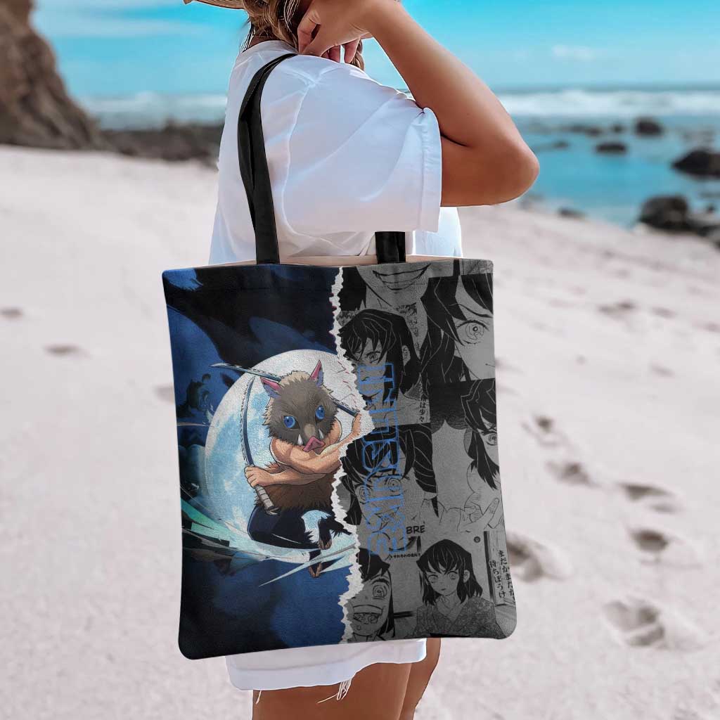 Inosuke Demon Slayer Blue and Black Theme Tote Bag with Boar Mask and Manga Collage Action Design - The Mazicc