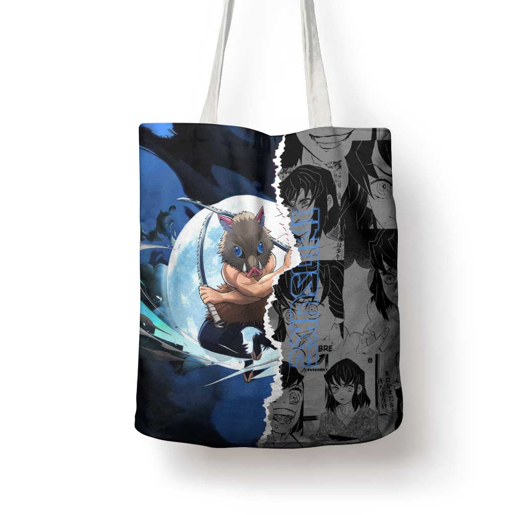 Inosuke Demon Slayer Blue and Black Theme Tote Bag with Boar Mask and Manga Collage Action Design - The Mazicc
