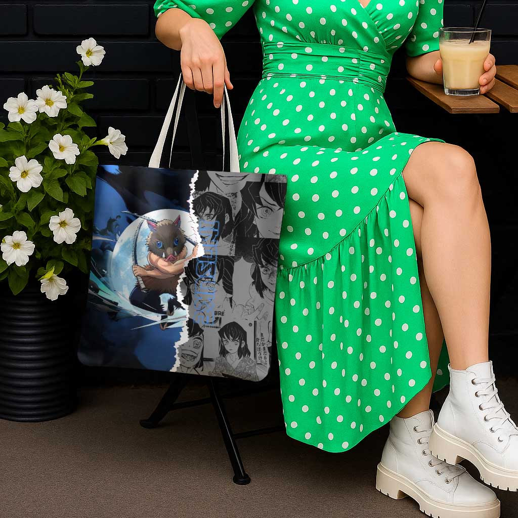 Inosuke Demon Slayer Blue and Black Theme Tote Bag with Boar Mask and Manga Collage Action Design - The Mazicc