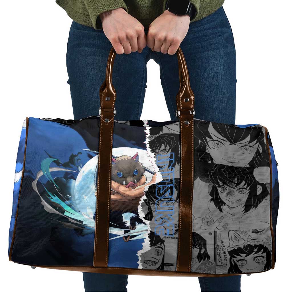 Inosuke Demon Slayer Blue and Black Theme Travel Bag with Boar Mask and Manga Collage Action Design - The Mazicc