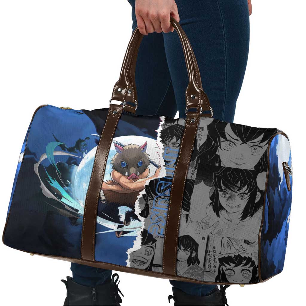 Inosuke Demon Slayer Blue and Black Theme Travel Bag with Boar Mask and Manga Collage Action Design - The Mazicc