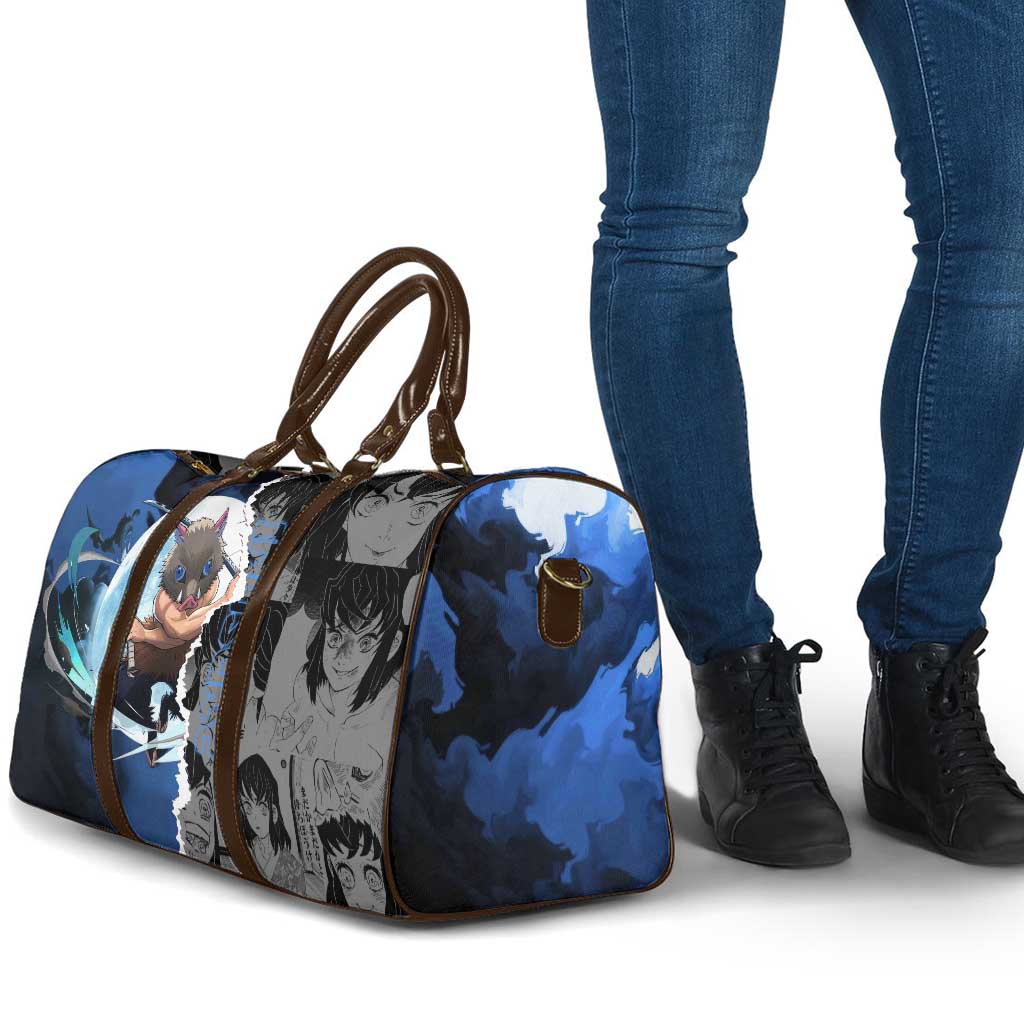 Inosuke Demon Slayer Blue and Black Theme Travel Bag with Boar Mask and Manga Collage Action Design - The Mazicc