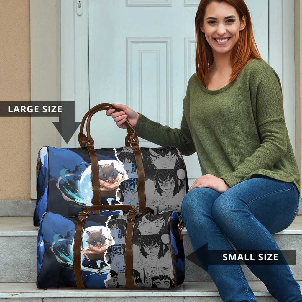 Inosuke Demon Slayer Blue and Black Theme Travel Bag with Boar Mask and Manga Collage Action Design - The Mazicc