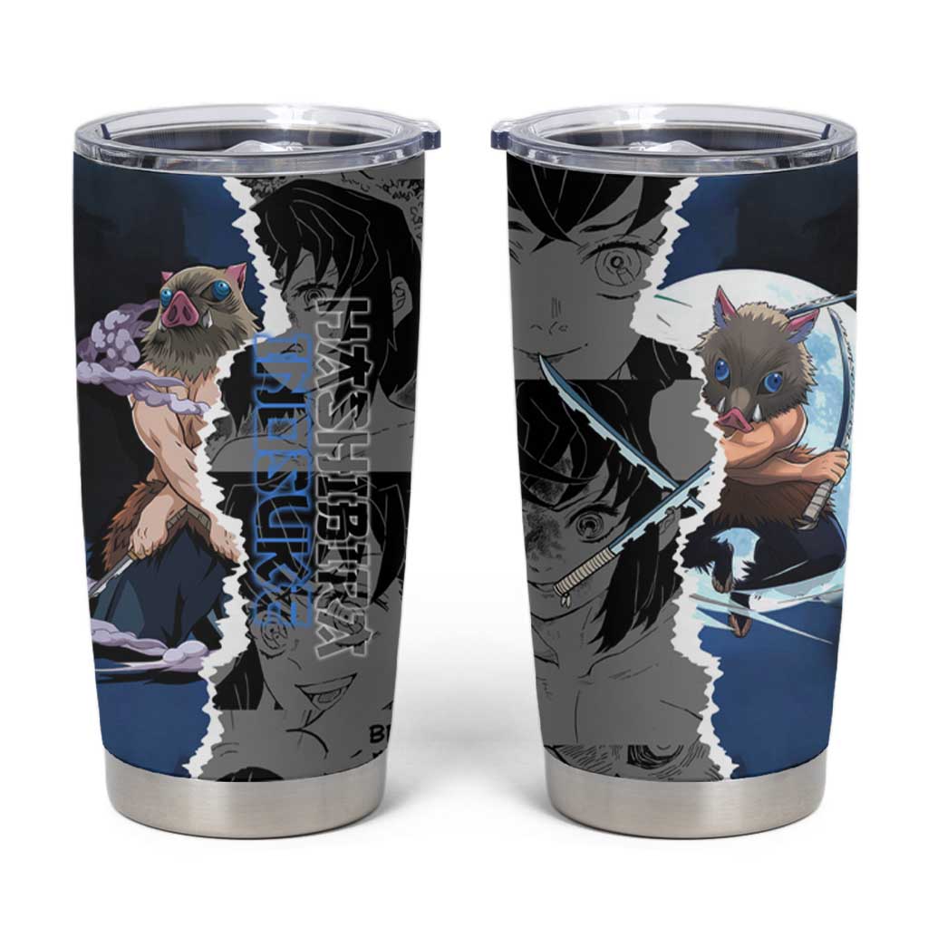 Inosuke Demon Slayer Blue and Black Theme Tumbler Cup with Boar Mask and Manga Collage Action Design - The Mazicc