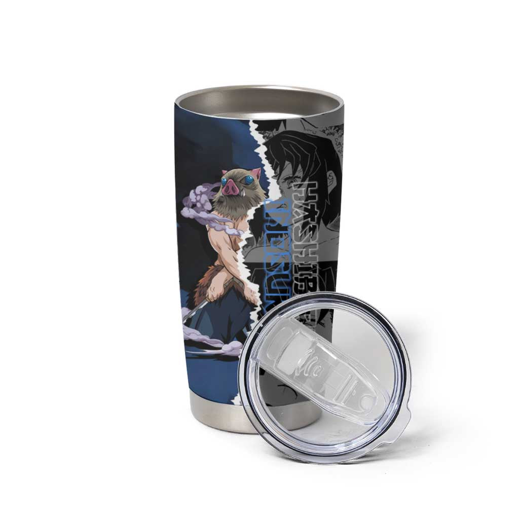 Inosuke Demon Slayer Blue and Black Theme Tumbler Cup with Boar Mask and Manga Collage Action Design - The Mazicc