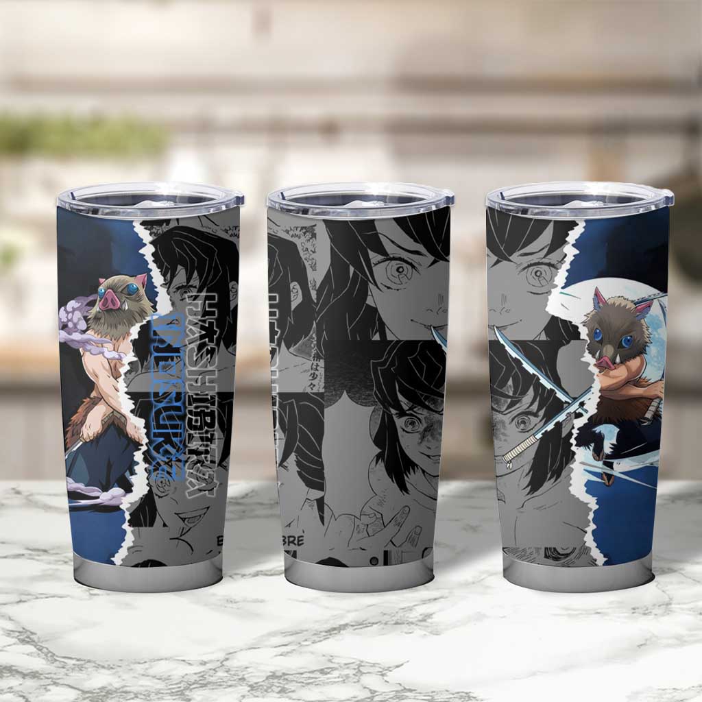 Inosuke Demon Slayer Blue and Black Theme Tumbler Cup with Boar Mask and Manga Collage Action Design - The Mazicc