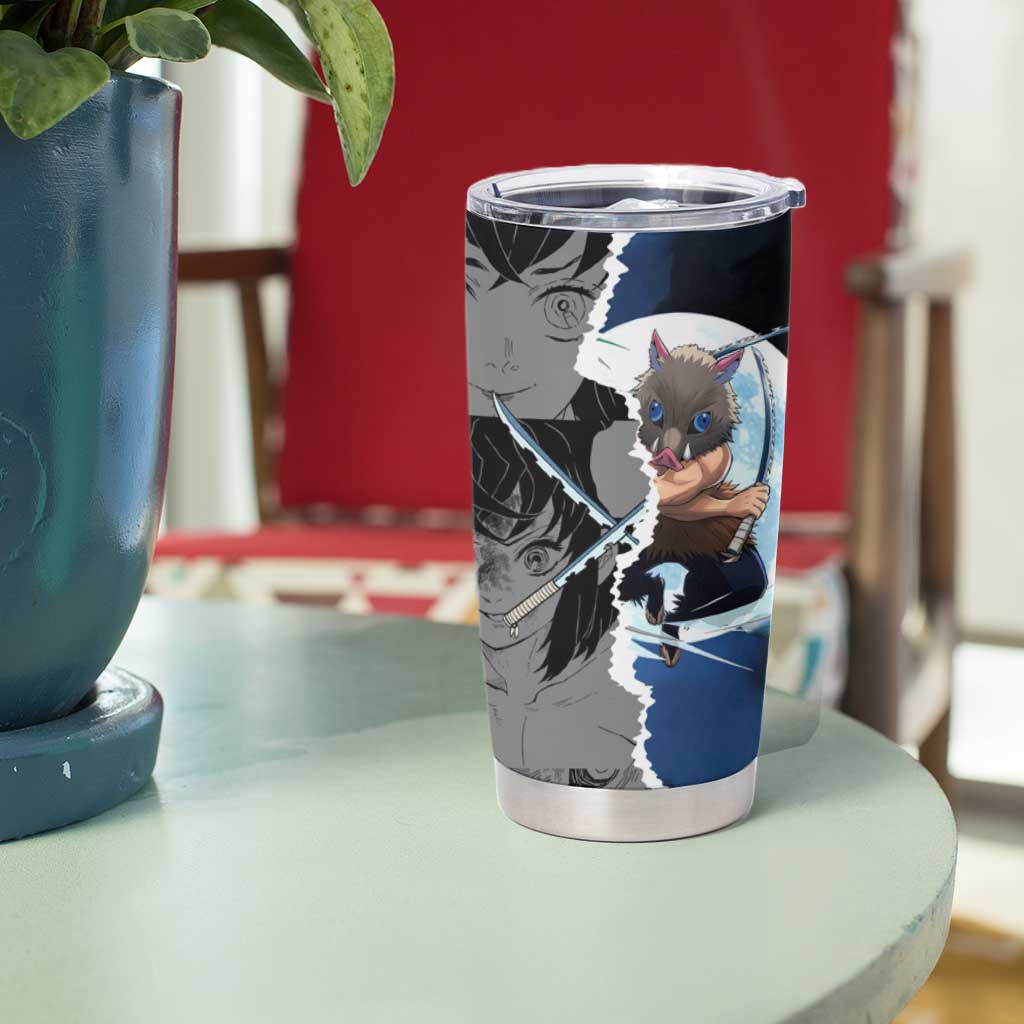 Inosuke Demon Slayer Blue and Black Theme Tumbler Cup with Boar Mask and Manga Collage Action Design - The Mazicc