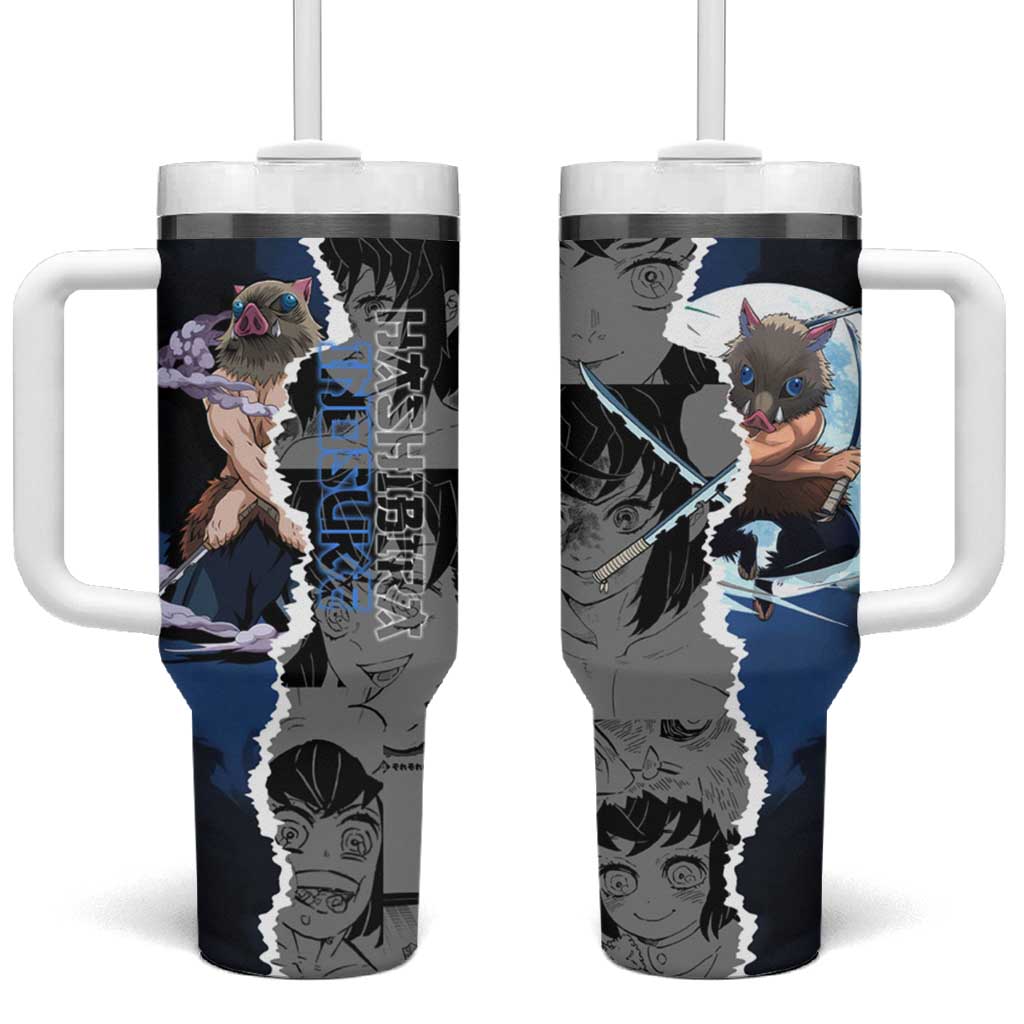 Inosuke Demon Slayer Blue and Black Theme Tumbler With Handle with Boar Mask and Manga Collage Action Design - The Mazicc