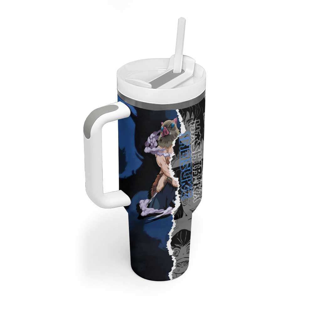 Inosuke Demon Slayer Blue and Black Theme Tumbler With Handle with Boar Mask and Manga Collage Action Design - The Mazicc