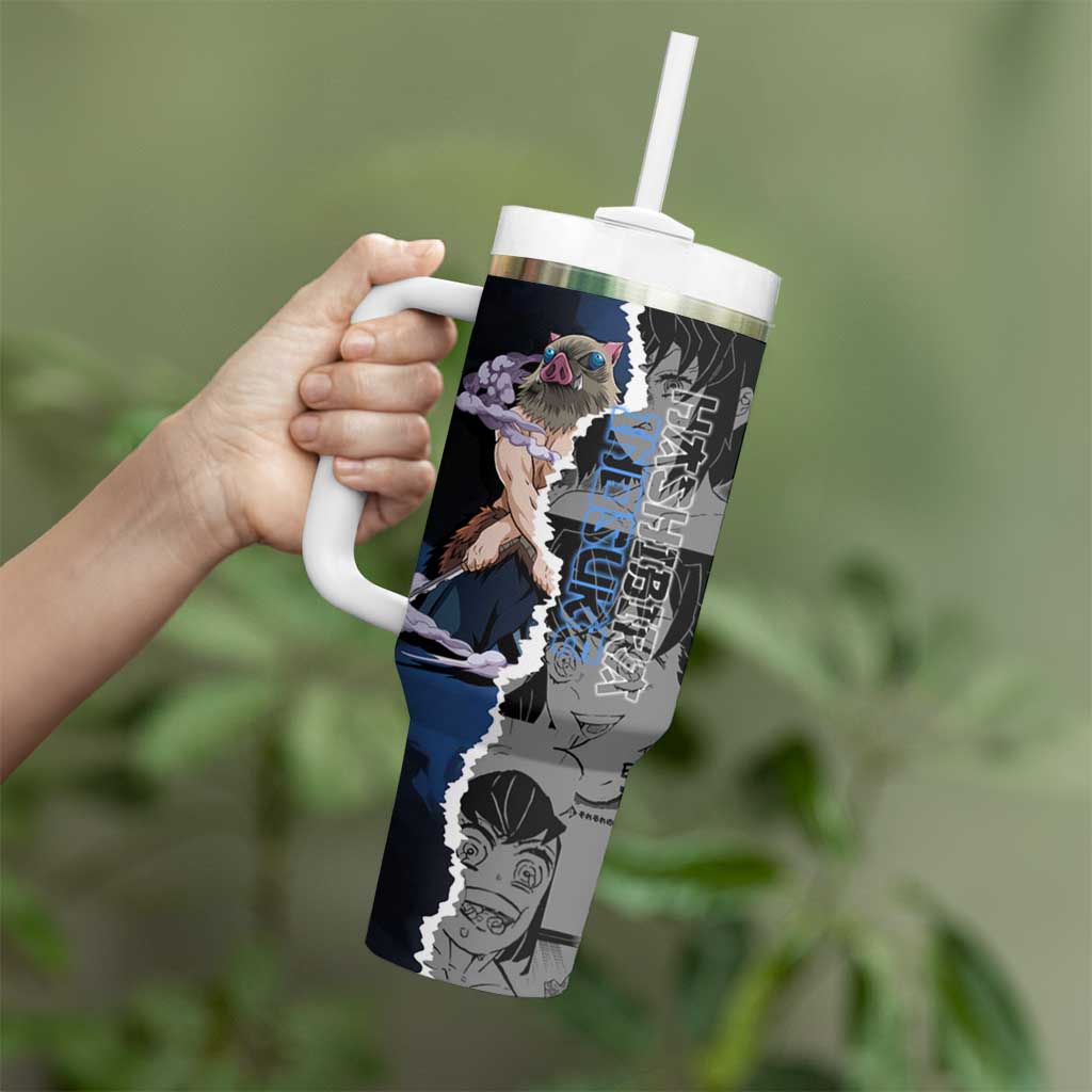 Inosuke Demon Slayer Blue and Black Theme Tumbler With Handle with Boar Mask and Manga Collage Action Design - The Mazicc