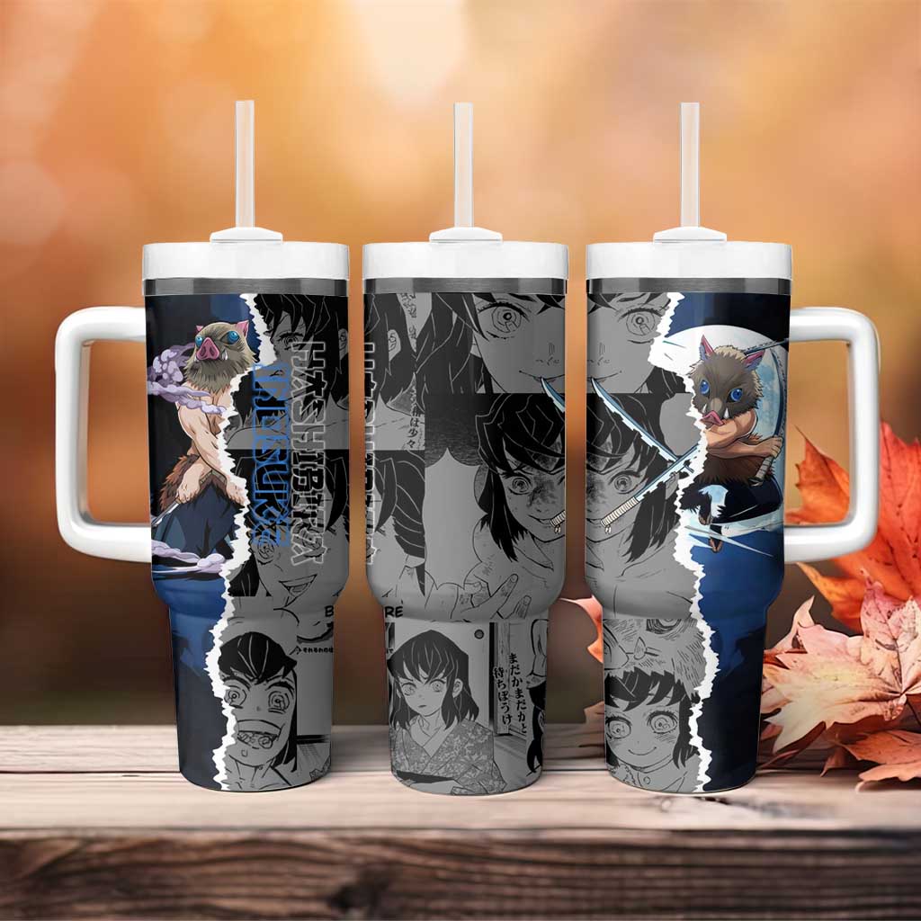 Inosuke Demon Slayer Blue and Black Theme Tumbler With Handle with Boar Mask and Manga Collage Action Design - The Mazicc