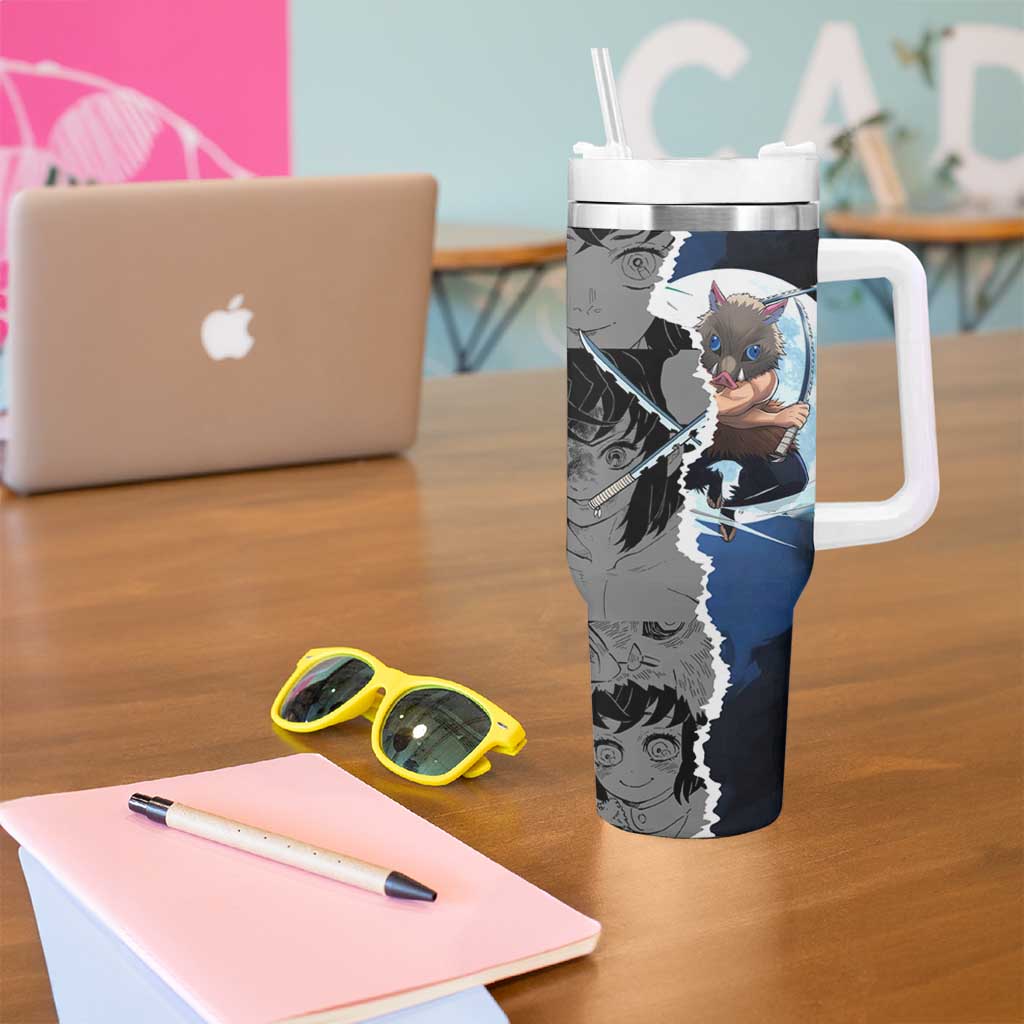 Inosuke Demon Slayer Blue and Black Theme Tumbler With Handle with Boar Mask and Manga Collage Action Design - The Mazicc