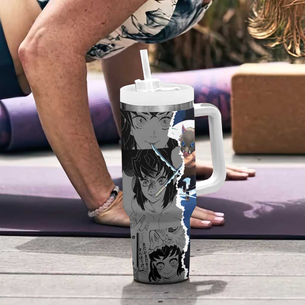 Inosuke Demon Slayer Blue and Black Theme Tumbler With Handle with Boar Mask and Manga Collage Action Design - The Mazicc
