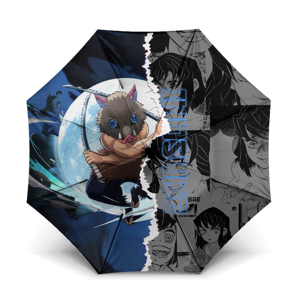 Inosuke Demon Slayer Blue and Black Theme Umbrella with Boar Mask and Manga Collage Action Design - The Mazicc