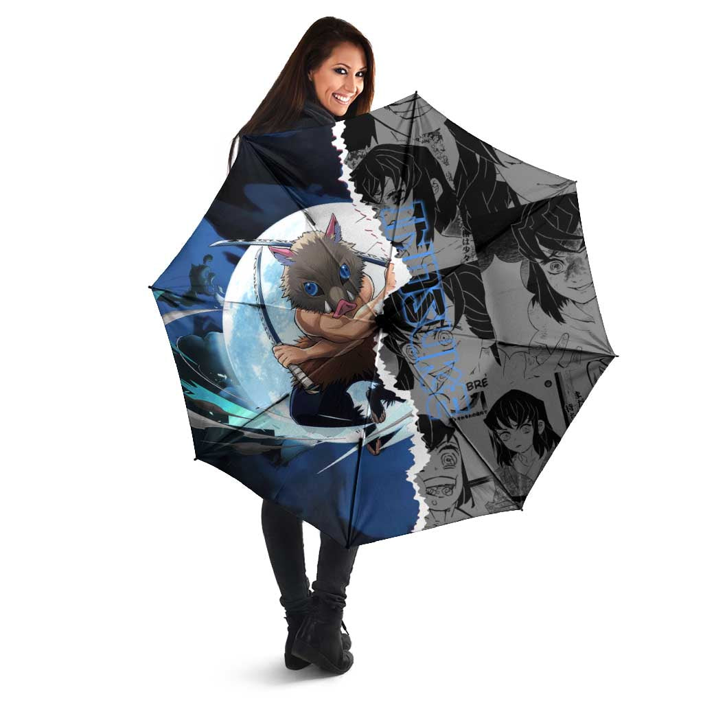 Inosuke Demon Slayer Blue and Black Theme Umbrella with Boar Mask and Manga Collage Action Design - The Mazicc