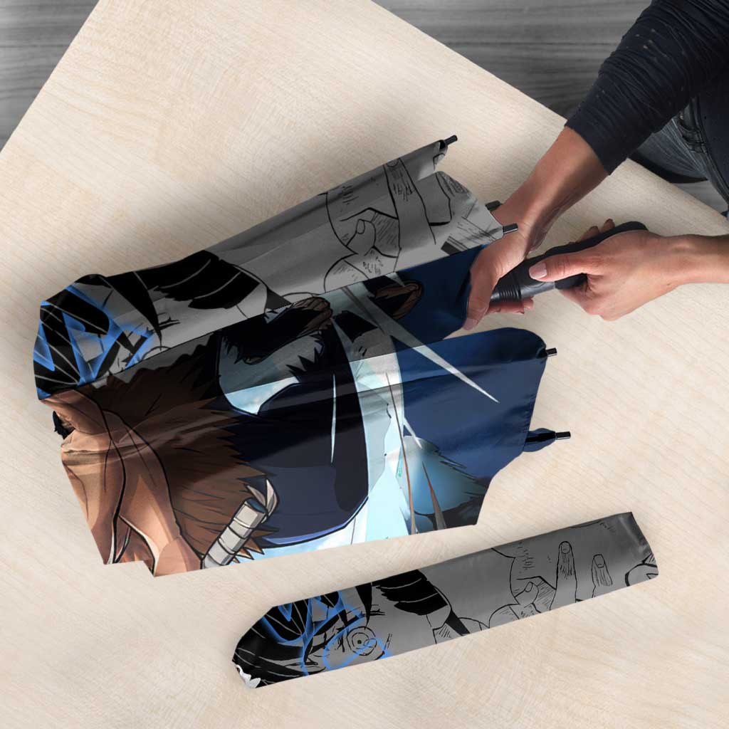 Inosuke Demon Slayer Blue and Black Theme Umbrella with Boar Mask and Manga Collage Action Design - The Mazicc