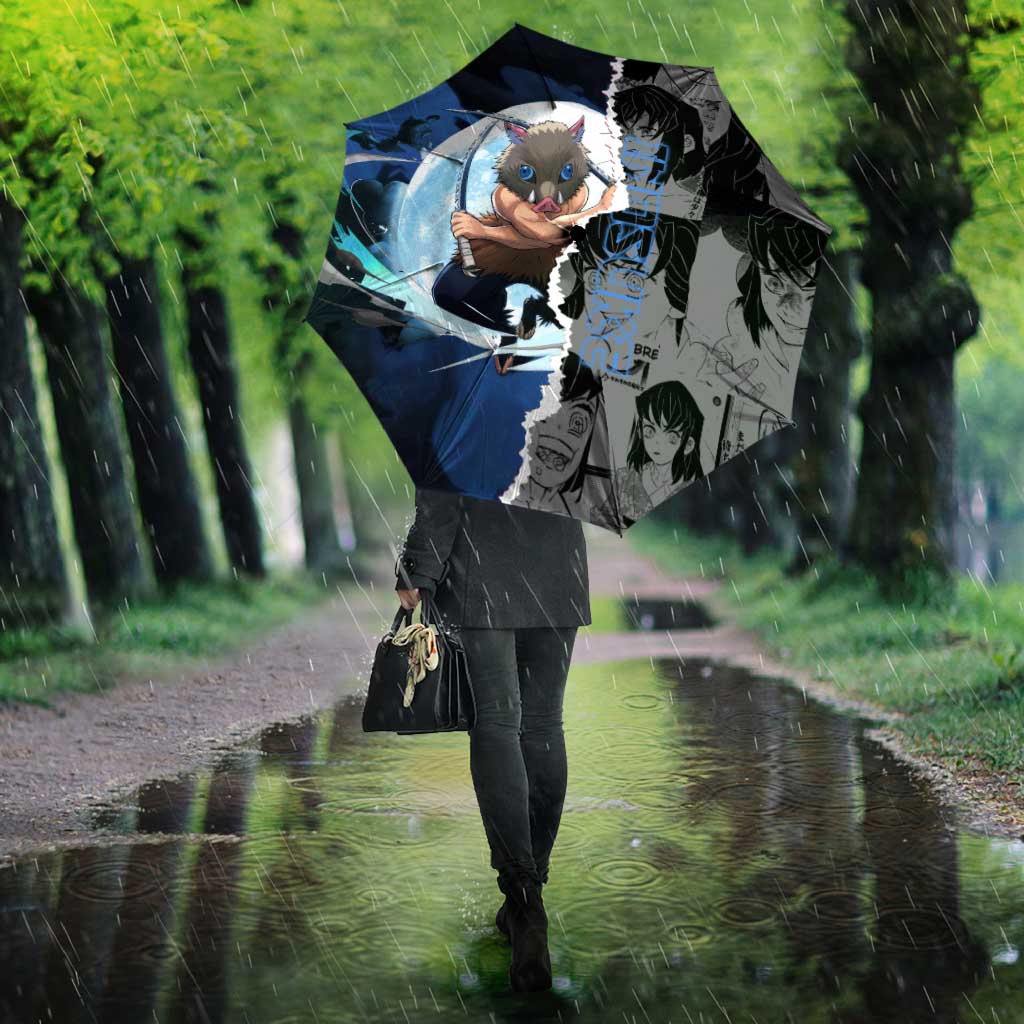 Inosuke Demon Slayer Blue and Black Theme Umbrella with Boar Mask and Manga Collage Action Design - The Mazicc