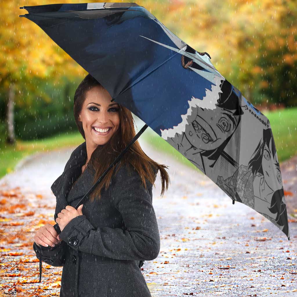 Inosuke Demon Slayer Blue and Black Theme Umbrella with Boar Mask and Manga Collage Action Design - The Mazicc