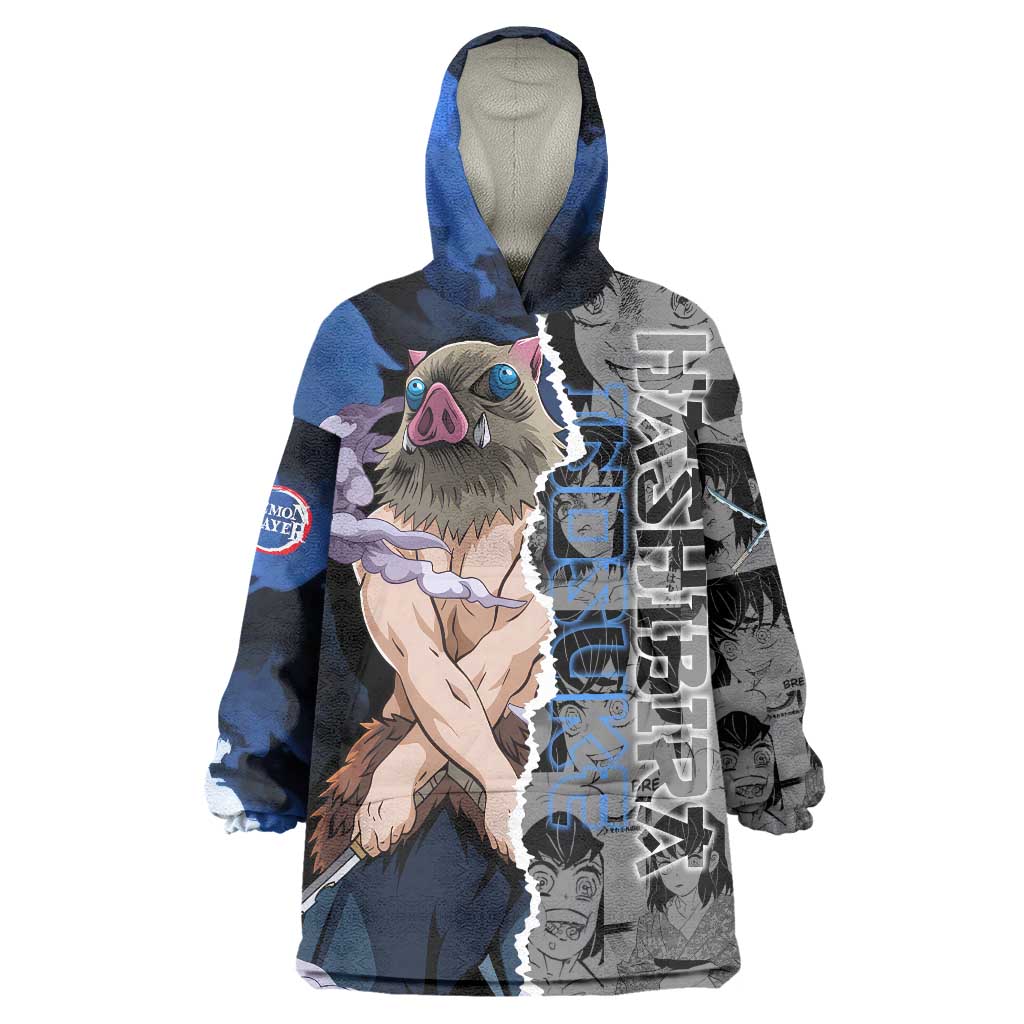 Inosuke Demon Slayer Blue and Black Theme Wearable Blanket Hoodie with Boar Mask and Manga Collage Action Design - The Mazicc